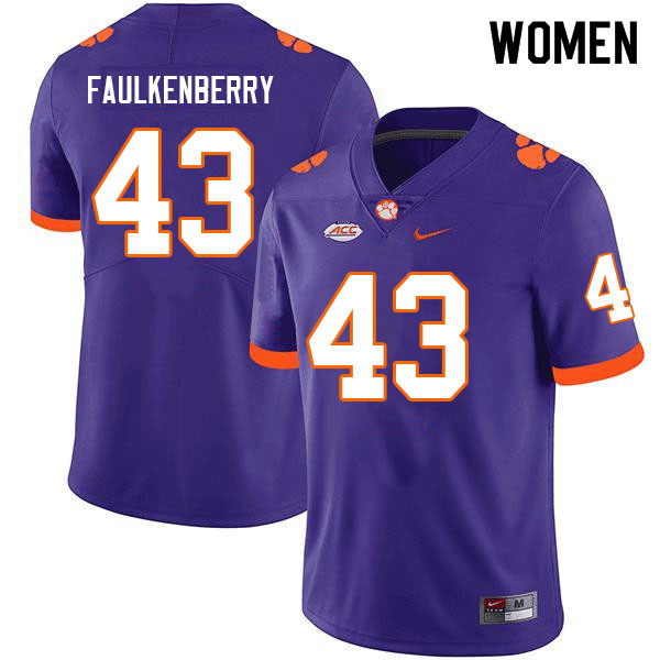 Women #43 Riggs Faulkenberry Clemson Tigers College Football Jerseys Sale-Purple